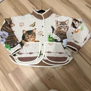 Handmade Cat quilt coat jacket cream brown flowers cropped large cottagecore